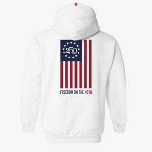 250 Years Freedom Hoodie in Alpine White — back view with full flag graphic and 250 Years badge