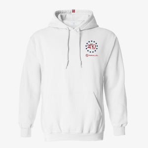 250 Years Freedom Hoodie in Alpine White — front view with 250 Years star badge