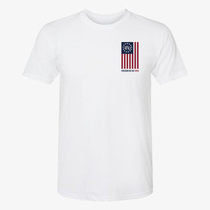250 Years Freedom Pocket Tee in Alpine White — front view with 250 Years flag chest graphic