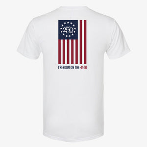 250 Years Freedom Tee in Alpine White — back view with full flag graphic and 250 Years badge