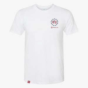 250 Years Freedom Tee in Alpine White — front view with 250 Years star badge