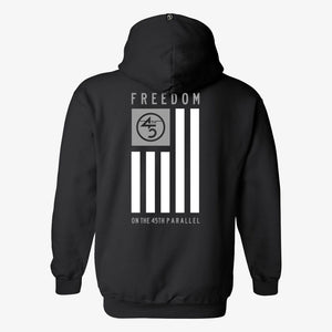 45th Parallel Liberty Hoodie in Midnight Black — back view with full flag graphic in charcoal