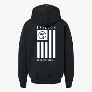 45th Parallel Liberty Youth Hoodie in Midnight Black — back view with full flag graphic in white