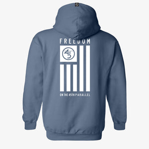 45th Parallel Standard Hoodie in Indigo Blue — back view with full flag graphic in white