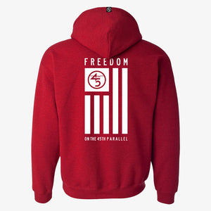 45th Parallel Standard Hoodie in Trail Red — back view with full flag graphic in white