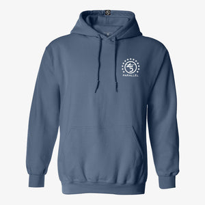 45th Parallel Standard Hoodie in Indigo Blue — front view with star ring badge