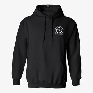 45th Parallel Standard Hoodie in Midnight Black — front view with star ring badge