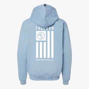 45th Parallel Standard Youth Hoodie in Indigo Blue — back view with full flag graphic in white