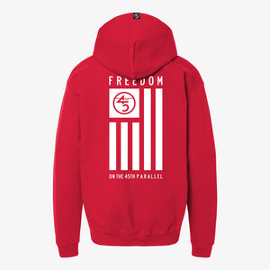 45th Parallel Standard Youth Hoodie in Trail Red — back view with full flag graphic in white