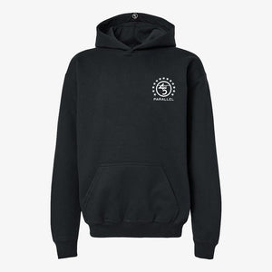45th Parallel Standard Youth Hoodie in Midnight Black — front view with star ring badge