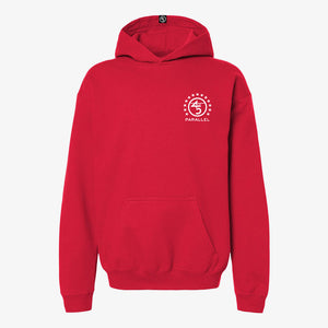 45th Parallel Standard Youth Hoodie in Trail Red — front view with star ring badge