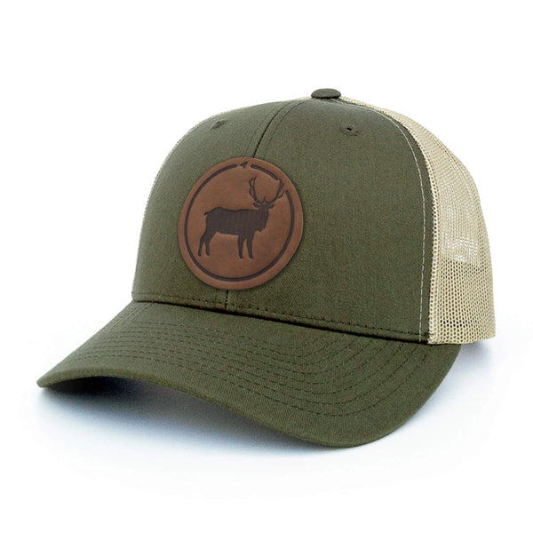 45th Parallel Elk Leather Patch Snapback Trucker Hat in Olive Green with Mesh Back