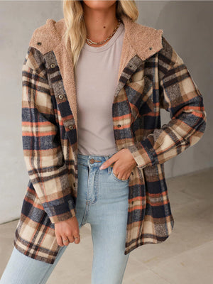 Hooded Long Sleeved Casual Plaid Jacket