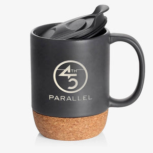 45th Parallel Cork Bottom Mug in Black with white etched logo front view