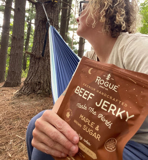 Rogue Jerky in Maple Brown Sugar held at campsite