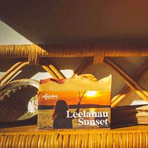 Cellar Door Soap in Leelanau Sunset on wicker shelf