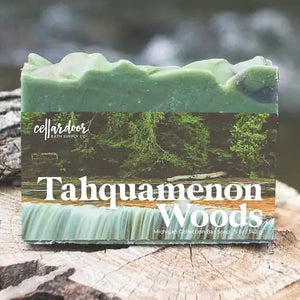 Cellar Door Soap in Tahquamenon Woods on log by waterfall
