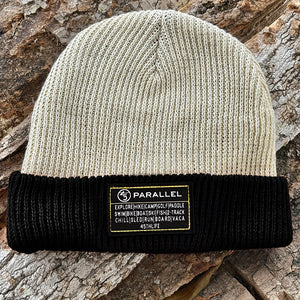 45th Parallel Leather Patch Two-Tone Beanie in Black and Creme with leather patch