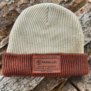 45th Parallel Leather Patch Two-Tone Beanie in Canyon Red and Creme with leather patch