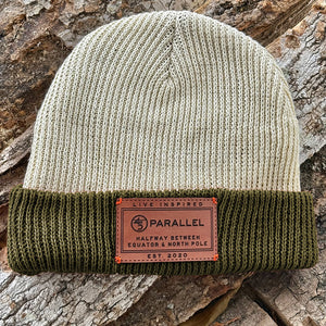 45th Parallel Leather Patch Two-Tone Beanie in Trail Olive and Creme with leather patch