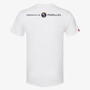 Freedom Badge Tee in Alpine White — back view with Freedom on the 45 Parallel wordmark