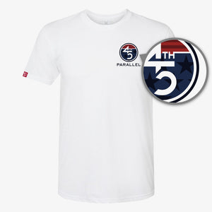 Freedom Badge Tee in Alpine White — close-up of 45th Parallel chest badge