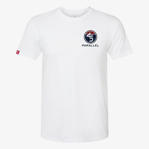 Freedom Badge Tee in Alpine White — front view with chest badge