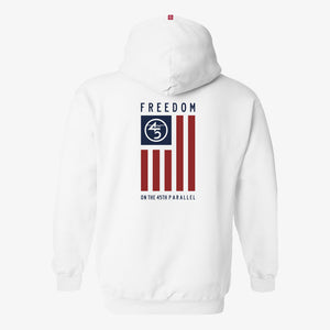 Freedom Flag Hoodie in Alpine White — back view with full 45th Parallel flag graphic