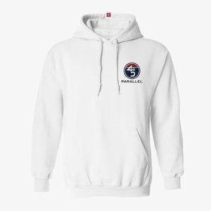 Freedom Flag Hoodie in Alpine White — front view with chest badge