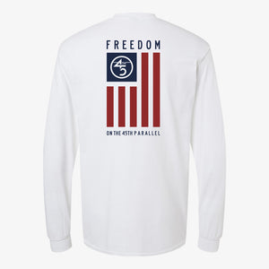 Freedom Flag Long Sleeve in Alpine White — back view with full 45th Parallel flag graphic