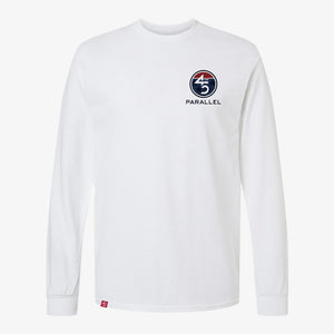 Freedom Flag Long Sleeve in Alpine White — front view with chest badge