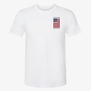 Freedom Flag Pocket Tee in Alpine White — front view with chest flag graphic