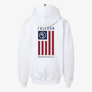 Freedom Flag Youth Hoodie in Alpine White — back view with full 45th Parallel flag graphic