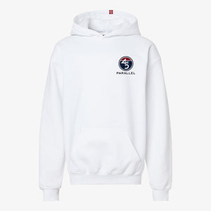 Freedom Flag Youth Hoodie in Alpine White — front view with chest badge