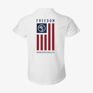 Freedom Flag Youth Tee in Alpine White — back view with full vertical flag graphic