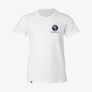 Freedom Flag Youth Tee in Alpine White — front view with chest badge