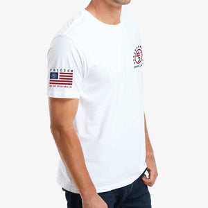 Freedom Star Badge Tee in Alpine White — close-up of 45th Parallel flag sleeve print