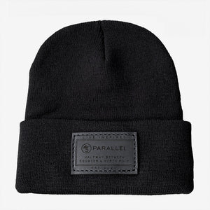 45th Parallel Leather Patch Beanie in Black with black leather patch