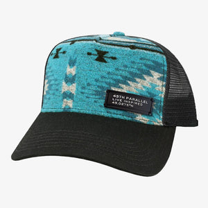 45th Parallel Mesa Trucker Hat in Glacier Black woven pattern with black mesh back and Live Inspired patch