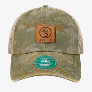 45th Parallel Woodland Trucker Hat in Green Field Camo with tan mesh back and leather 45th Parallel patch