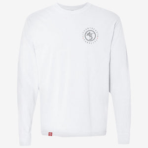 45th Parallel Long Sleeve Tagline Tee in Summit White front view