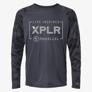 XPLR Topo Performance Long Sleeve in Graphite Camo — UPF 50+ raglan sleeve shirt