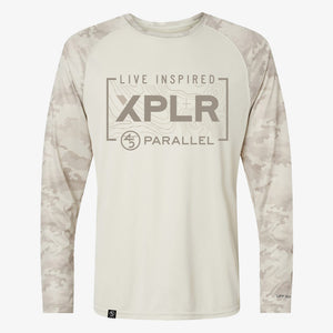 XPLR Topo Performance Long Sleeve in Sand Camo — UPF 50+ raglan sleeve shirt