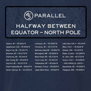 Navy blue t-shirt with white text listing locations on the 45th parallel, featuring a logo and text.