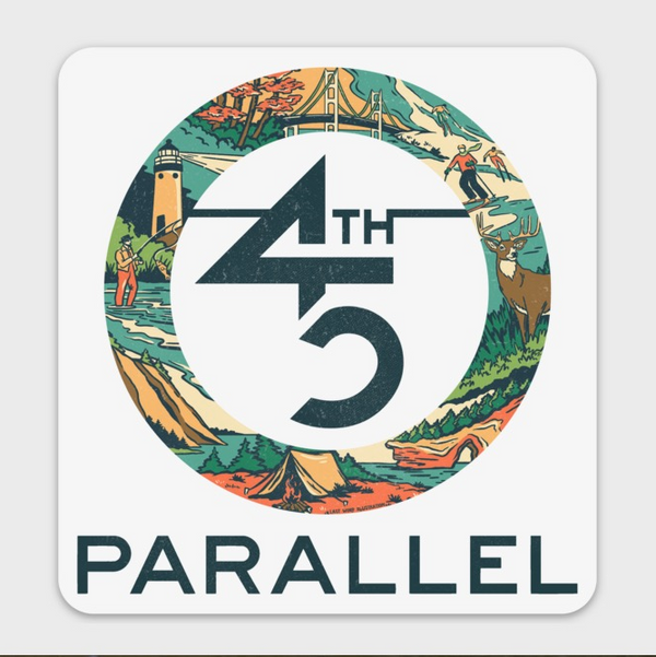 45th Parallel Adventures sticker featuring Michigan outdoor scenes including lighthouse, bridge, deer, and campfire in a circle logo design, 4 inches
