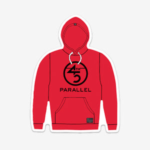 45th Parallel Classic Hoodie die-cut sticker in red with black circle logo design