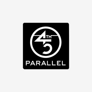 45th Parallel Classic Logo sticker in black with white circle logo, 2x2 inch
