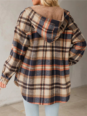 Hooded Long Sleeved Casual Plaid Jacket