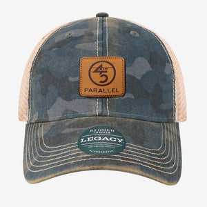 45th Parallel Woodland Trucker Hat in Navy Field Camo with tan mesh back and leather 45th Parallel patch