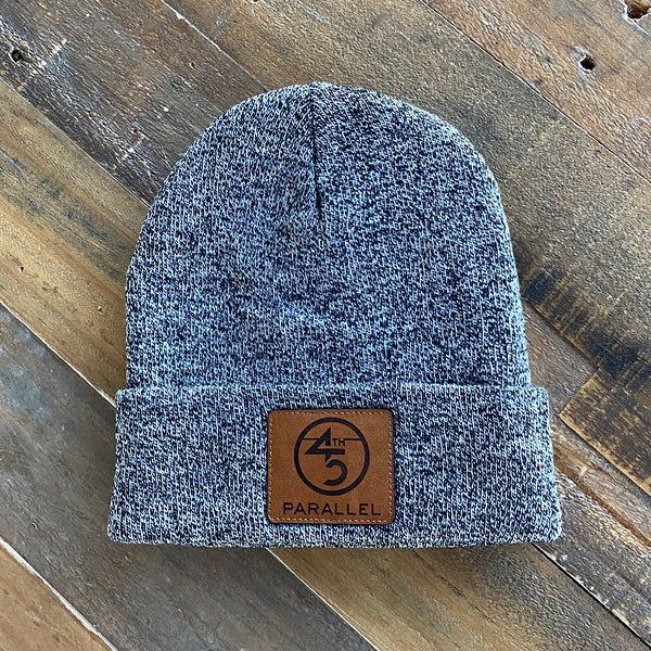 Black Marled Leather Patch Beanie